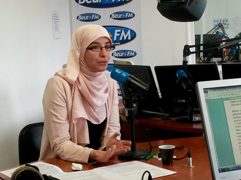 Nadia El Bouga, French Muslim sexologist, at Beur FM studio for her weekly talk show. Religion News Service photo by Elizabeth Bryant