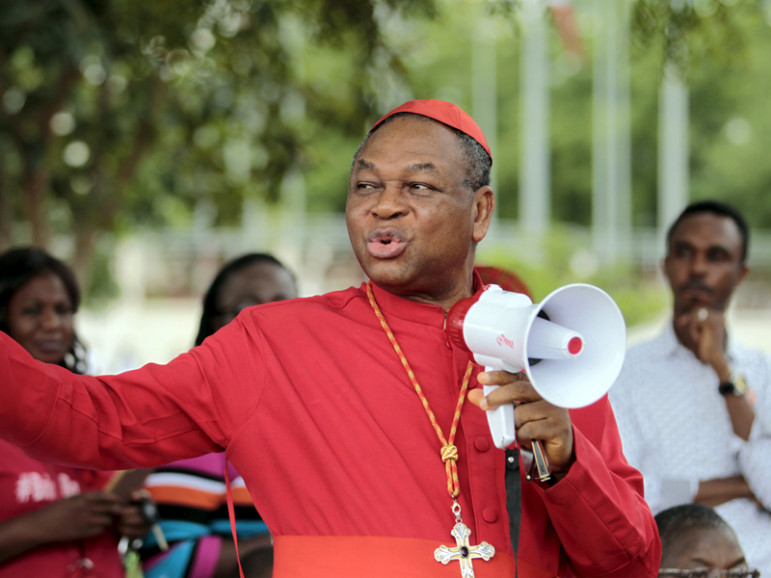 The Catholic archbishop of Abuja, John Onaiyekan, addresses Bring Back Our Girls campaigners during a protest procession marking the 500th day since the abduction of girls in Chibok, along a road in Abuja on Aug. 27, 2015. Photo courtesy of REUTERS/Afolabi Sotunde
*Editors: This photo may only be republished with RNS-NIGERIA-CLERGY, originally transmitted on May 4, 2016.