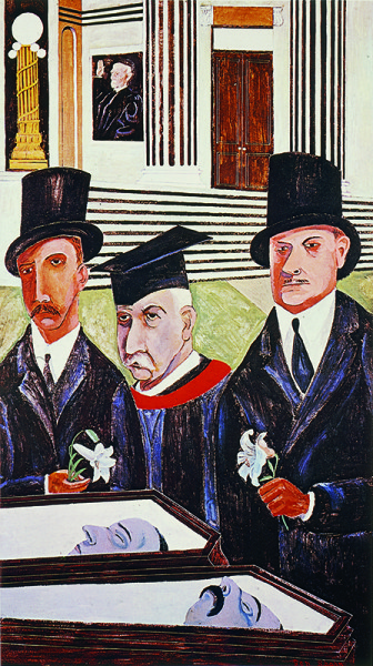 This is one of the most significant painting in a 23-painting series by Shahn in 1932, “The Passion of Sacco and Vanzetti.”  Those are the two men in the coffins — convicted of murder and executed in the 1920s despite high level appeals. Shahn, a strong socialist, contends that the white Christian establishment railroaded them to death, based on thin evidence, because the men were radicals and Italian immigrants, the despised foreigners of the era. Photo courtesy of Wayne State University Press © 2015 for Ben Shahn's New Deal Murals: Jewish Identity in the American Scene by Diana L. Linden