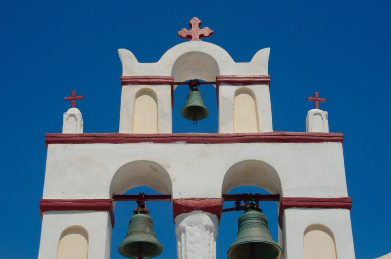 The bell tower of a Greek Orthodox church in Oia village on the Greek island of Santorini. Photo taken on June 12, 2010. RNS photo by Tom Heneghan