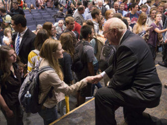Dr. George Wood, general superintendent of Assemblies of God, greets students after speaking during a lecture series on faith, family and society in the Varsity Theatre of the Wilkinson Student Center on Sept. 16, 2013. Photo by Mark A. Philbrick/courtesy Brigham Young University.