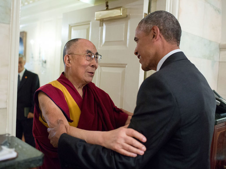 President Obama greets the Dalai Lama at the entrance of the Map Room of the White House, June 15, 2016. (Official White House Photo by Pete Souza) 

This official White House photograph is being made available only for publication by news organizations and/or for personal use printing by the subject(s) of the photograph. The photograph may not be manipulated in any way and may not be used in commercial or political materials, advertisements, emails, products or promotions that in any way suggest approval or endorsement of the president, the first family or the White House.