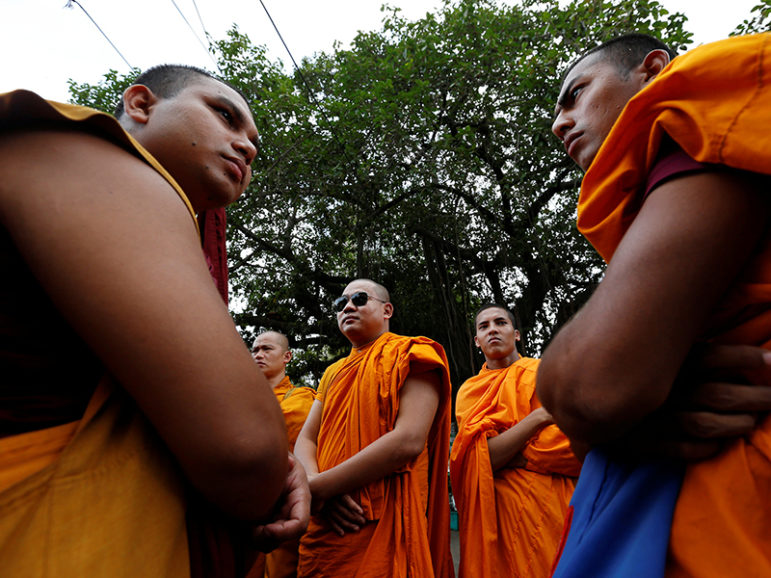 Buddhist monks participate in a protest against the murder of a monk in Bangladesh, in Mumbai, India, on May 23, 2016. Photo courtesy of REUTERS/Danish Siddiqui
*Editors: This photo may only be republished with RNS-BANGLADESH-MINORITIES, originally transmitted on June 13, 2016.