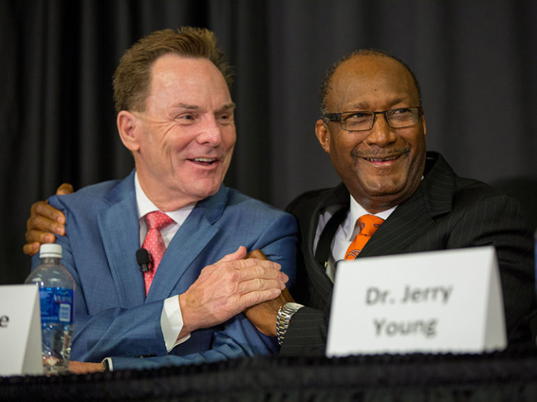 SBC President Ronnie Floyd, left, and Jerry Young, president of the National Baptist Convention USA, Inc., delivered joint keynote addresses at Mission Mississippi's racial reconciliation celebration at the Jackson Convention Center. Photo courtesy of Cross Church, via Baptist Press
