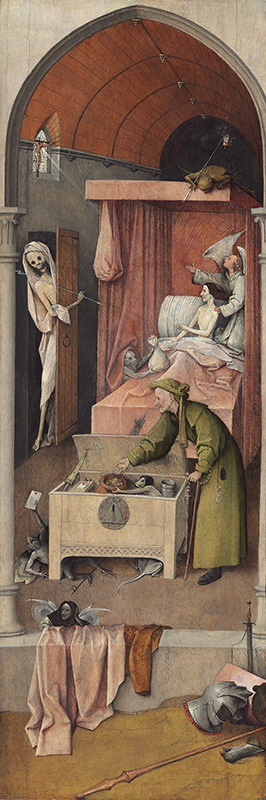 "Death and the Miser." Hieronymus Bosch. Oil on panel, 94.3 x 32.4 cm. Photo courtesy of Washington, D.C., National Gallery of Art, Samuel H. Kress Collection, via Museo Nacional del Prado