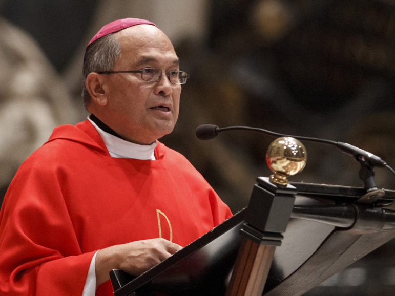 Archbishop Anthony S. Apuron of Agana, Guam, gives the homily during an Oct. 22, 2012 Mass of thanksgiving in St. Peter's Basilica at the Vatican for the canonization of St. Pedro Calungsod. Photo by Paul Haring, courtesy of Catholic News Service