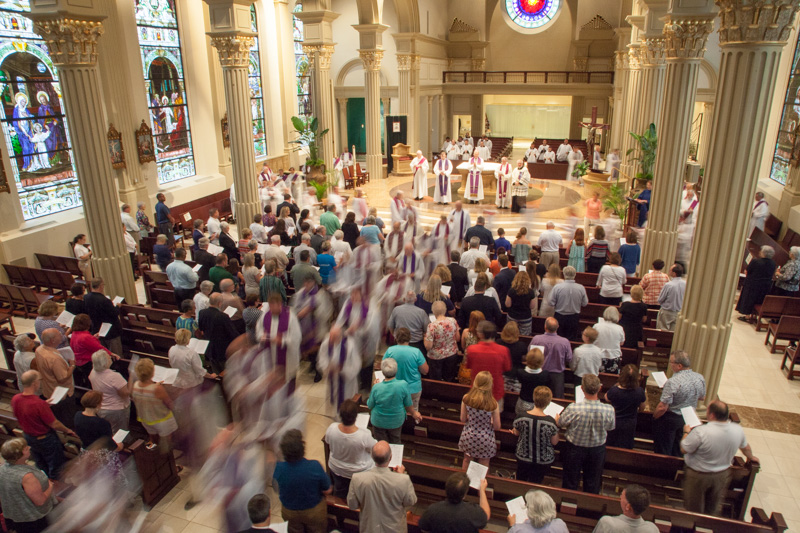 Priests and laymen exit the church after the "Service of Lamen" at the Cathedral of the Immaculate Conception in downtown Kansas City, Mo., on June 26, 2016. RNS photo by Sally Morrow