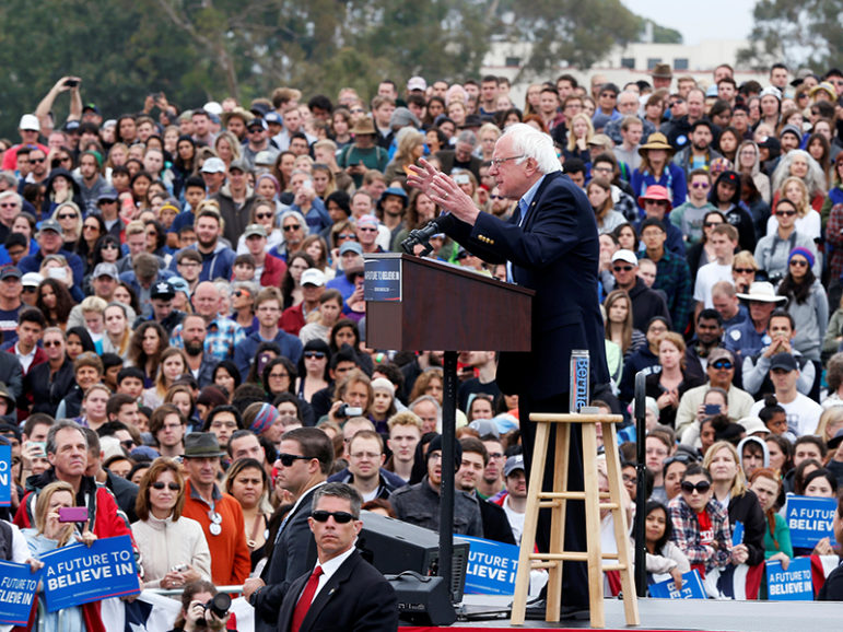 Democratic presidential candidate Bernie Sanders speaks at a campaign rally in Santa Barbara, Calif., on May 28, 2016. Photo courtesy of REUTERS/Lucy Nicholson