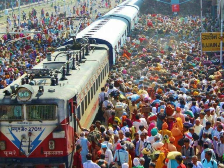 Hindu pilgrims throng the railway station at Ujjain, central India. GSR photo by Saji Thomas