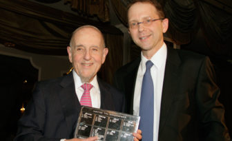 Rabbi Haskel Lookstein, left, at a 2015 Jewish Week gala in his honor. Photo courtesy of The Jewish Week