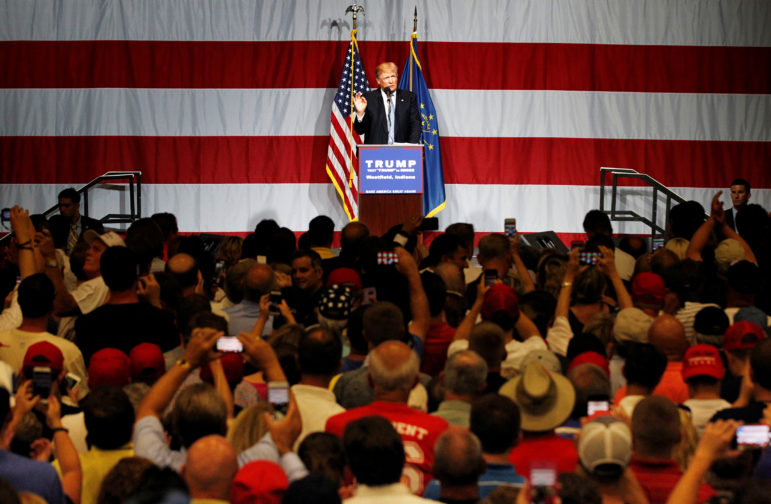 Republican presidential candidate Donald Trump addresses the crowd during a campaign stop at the Grand Park Events Center in Westfield, Ind., on July 12, 2016. Photo courtesy of REUTERS/John Sommers II