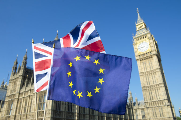 European Union and British Union Jack flag flying in front of Big Ben and the Houses of Parliament at Westminster Palace, London, in preparation for the Brexit EU referendum. Shutterstock.com creative commons.