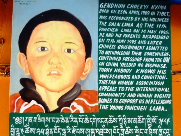 A sign in India about Gedhun Choekyi Nyima, whom the Dalai Lama designated as the 11th Panchen Lama in 1995. Nyima was abducted when he was 6 years old, and China's government claims to have him in custody. Photo courtesy of Wikimedia Commons