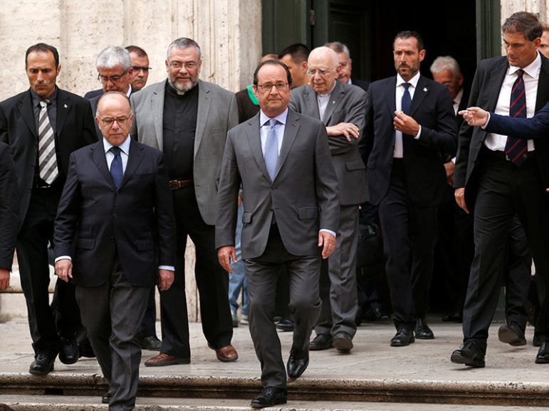 French President Francçois Hollande leaves the Church of St. Louis of the French in Rome on Aug. 17, 2016. REUTERS/Remo Casilli
*Editors: This photo may only be republished with RNS-HOLLANDE-POPE, originally transmitted on Aug. 17, 2016.