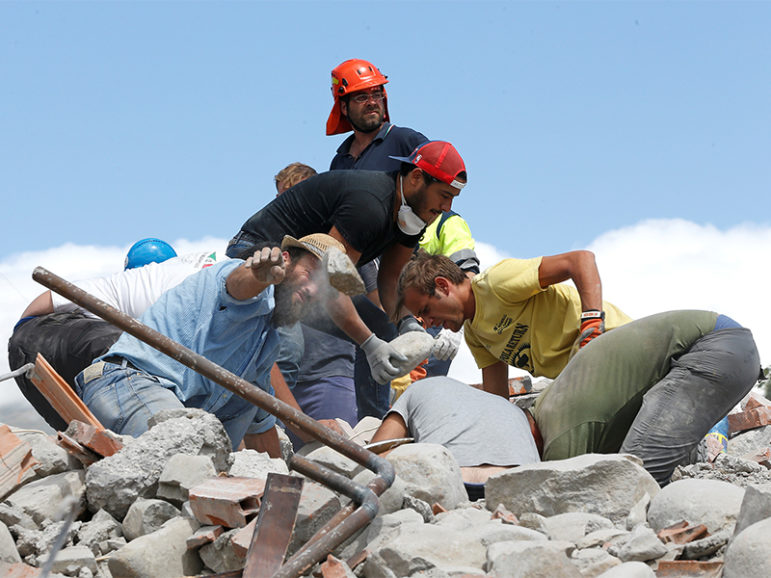 Rescuers work after an earthquake in Amatrice, central Italy, on Aug. 24, 2016. Photo courtesty of REUTERS/Ciro De Luca
*Editors: This photo may only be republished with RNS-ITALY-EARTHQUAKE, originally transmitted on Aug. 25, 2016.