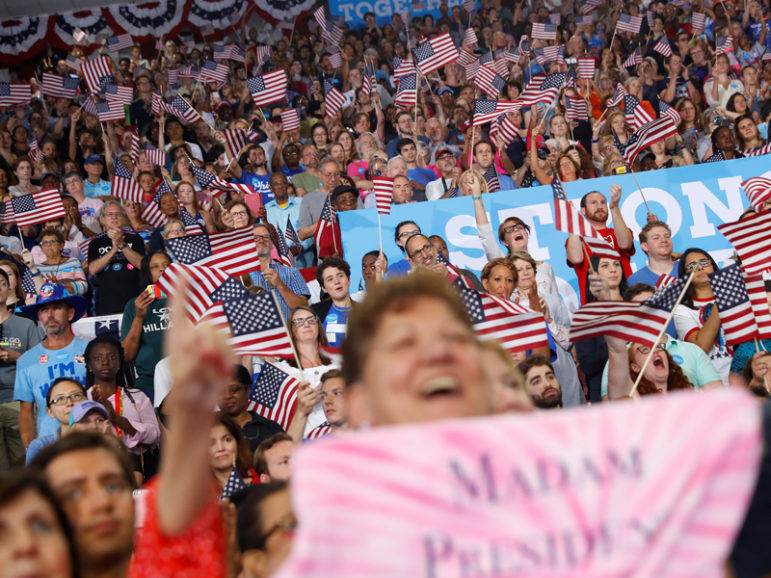 Supporters cheer as Democratic presidential candidate Hillary Clinton campaigns with vice presidential candidate Senator Tim Kaine (D-VA) on the campus of Temple University in Philadelphia, on July 29, 2016. Photo courtesy of REUTERS/Aaron P. Bernstein