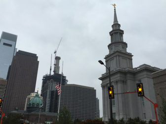 The Philadelphia Pennsylvania Temple of by the Church of Jesus Christ of Latter-day Saints, right, sits just outside the city’s center. After its Sept. 18, 2016 dedication, it will serve more than 41,000 Mormons in the region. RNS photo by Lauren Markoe