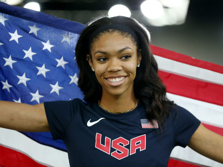 Vashti Cunningham smiles after winning the gold medal in women's high jump during the IAAF World Indoor Athletics Championships in Portland, Ore., on March 20, 2016.  Photo courtesy of REUTERS/Mike Blake 
*Editors: This photo may only be republished with RNS-OLYMPICS-CUNNINGHAM, originally transmitted on Aug. 16, 2016.