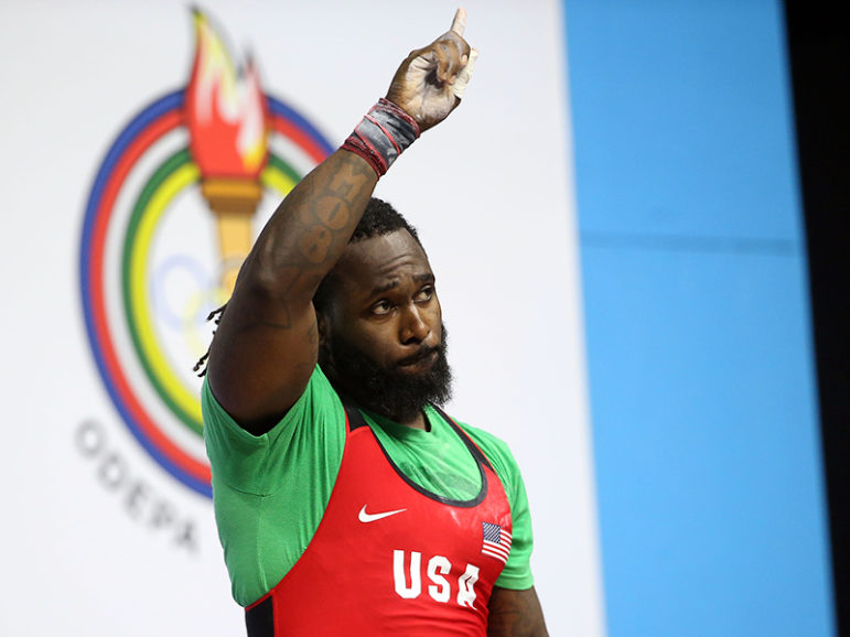 Kendrick Farris of the United States celebrates after doing a successful lift in the men’s 94kg weightlifting during the 2015 Pan Am Games at Oshawa Sports Centre in Toronto, on July 14, 2015. Photo courtesy of Tom Szczerbowski-USA TODAY Sports, via Reuters