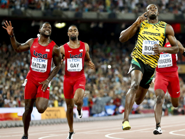 Left to right, Justin Gatlin and Tyson Gay from the U.S. and Usain Bolt of Jamaica compete in the men's 100m final during the 15th IAAF World Championships at the National Stadium in Beijing on Aug. 23, 2015. Photo courtesy of REUTERS/Lucy Nicholson