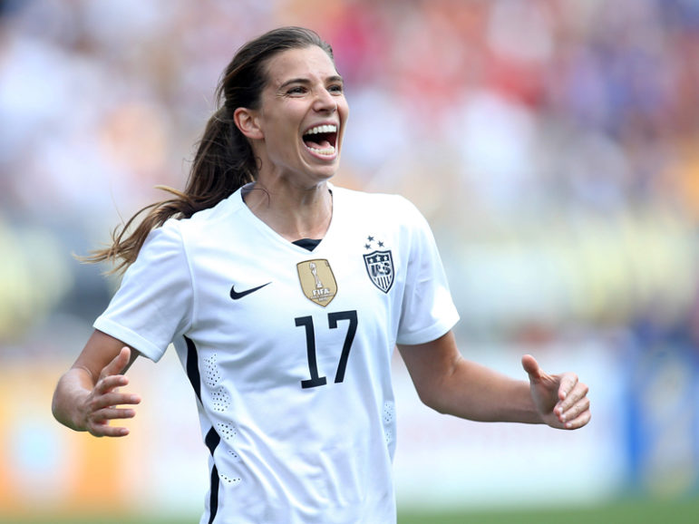 U. S. midfielder Tobin Heath reacts to a U.S. goal against Costa Rica during a game at Heinz Field in Pittsburgh on August 16, 2016. Photo courtesy of Charles LeClaire-USA TODAY Sports 
*Editors: This photo may only be republished with RNS-OLYMPICS-TOBIN, originally transmitted on August 8, 2016.