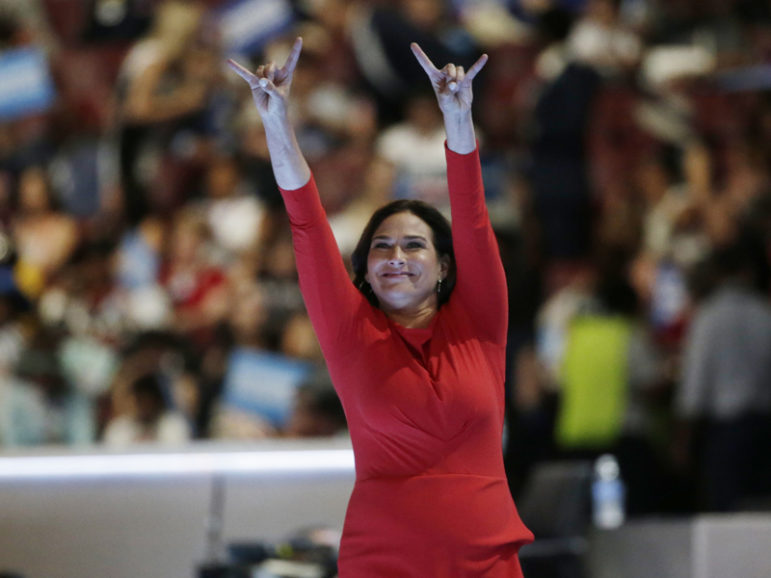 The president of NARAL-Pro-Choice America, Ilyse Hogue, gestures as she leaves the stage at the Democratic National Convention in Philadelphia on July 27, 2016. Photo courtesy of REUTERS/Gary Cameron
*Editors: This photo may only be republished with RNS-WAX-OPED, originally transmitted on August 1, 2016.