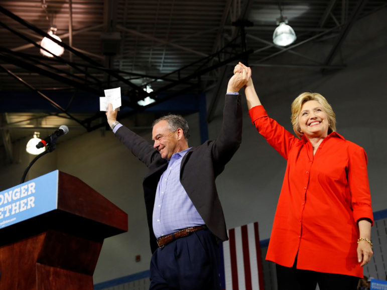 Democratic U.S. presidential candidate Hillary Clinton campaigns with vice presidential candidate Sen. Tim Kaine, D- Va., at East High School in Youngstown, Ohio, on July 30, 2016. Photo courtesy of REUTERS/Aaron P. Bernstein 
*Editors: This photo may only be republished with RNS-WAX-OPED, originally transmitted on August 8, 2016.