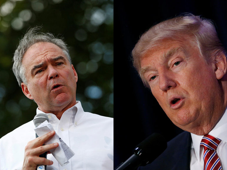 Democratic vice presidential nominee Tim Kaine, left, speaks at Fort Hayes Metropolitan Education Center in Columbus, Ohio, on July 31, 2016. Photo courtesy of REUTERS/Aaron P. Bernstein
At right, Republican presidential nominee Donald Trump speaks at an American Renewal Project event at the Orlando Convention Center in Orlando, Fla., on Aug. 11, 2016. Photo courtesy of REUTERS/Eric Thayer
*Editors: This photo may only be republished with RNS-KAINE-BLACKBAPTIST, originally transmitted on Aug. 11, 2016.