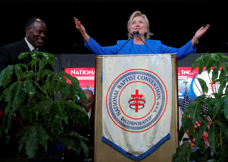 Democratic presidential candidate Hillary Clinton speaks to the annual session of the National Baptist Convention on Sept. 8, 2016, in Kansas City, Mo. Photo courtesy of Brian Snyder/REUTERS
*Editors: This photo may only be republished with RNS-CLINTON-FAITH, originally transmitted on Sept. 9, 2016.