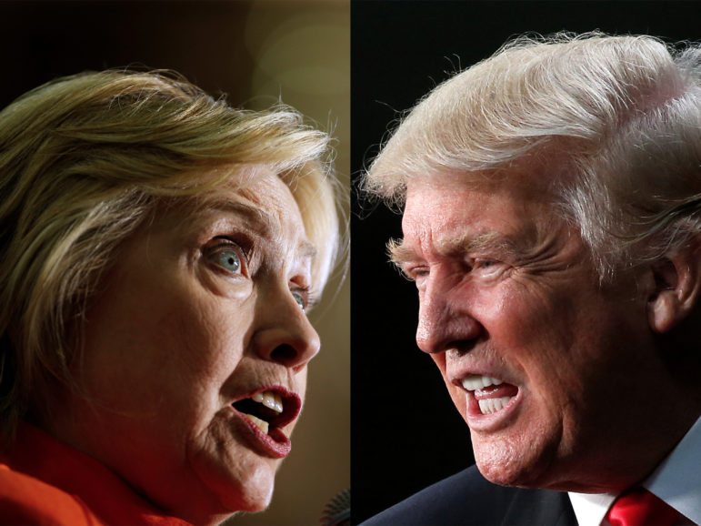 U.S. Democratic presidential nominee Hillary Clinton, left, speaks during a campaign rally in St. Petersburg, Fla., on Aug. 8, 2016. Republican presidential nominee Donald Trump, right, speaks at a campaign rally in Charlotte, N.C., on Aug. 18, 2016. Left photo courtesy of REUTERS/Chris Keane. Right photo courtesy of REUTERS/Carlo Allegri