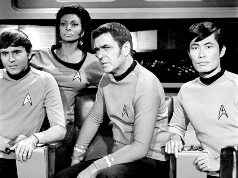The crew of the Starship Enterprise from Star Trek: The Original Series. From left: Chekov (Walter Koenig), Uhura (Nichelle Nichols), Scott (James Doohan) and Sulu (George Takei) in the 1969 episode 