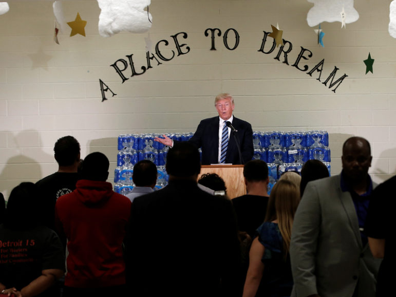 Republican presidential nominee Donald Trump speaks to a small group at the Bethel United Methodist Church in Flint, Mich., on Sept. 14, 2016.  Photo courtesy REUTERS/Mike Segar 
