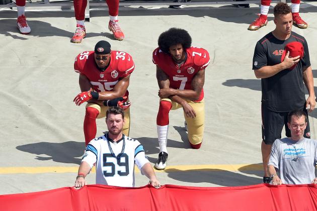 Colin Kaepernick, Arian Foster and others kneel during National Anthem.