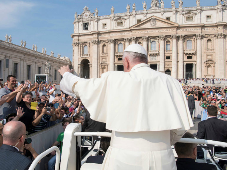 Pope Francis waves as he leads a jubilee audience in Saint Peter's Square at the Vatican on September 10, 2016. Shortly before the event, Francis administered the sacrament of confirmation to a seriously ill Italian teenager who had written to the pontiff. L'Osservatore Romano photo via Reuters. *Editors: This photo may only be republished with RNS-POPE-TEEN, originally transmitted on Sept. 12, 2016.
