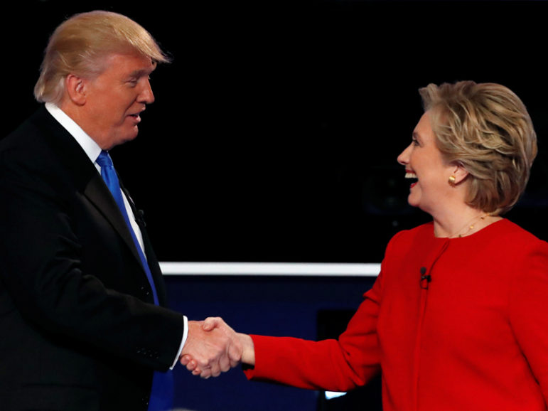 Republican U.S. presidential nominee Donald Trump and Democratic U.S. presidential nominee Hillary Clinton shake hands at the end of their first presidential debate at Hofstra University in Hempstead, New York, on September 26, 2016. Photo courtesy of Reuters/Mike Segar
*Editors: This photo may only be republished with RNS-ALSMITH-DINNER, originally transmitted on September 27, 2016.