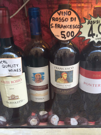 Images of St. Francis appear on wines from the local region of Umbria surrounding Assisi. RNS photo by Josephine McKenna
