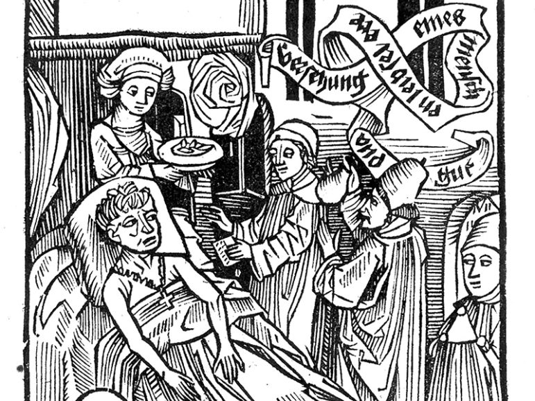 Sick man in bed surrounded by physician, priest and attendants. Woodcut attributed to Albrecht Dürer in 1509.  Image courtesy of Wellcome Library, London, via Creative Commons