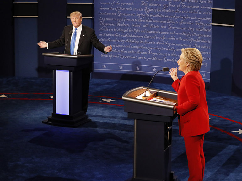 Republican U.S. presidential nominee Donald Trump and Democratic U.S. presidential nominee Hillary Clinton speak simultaneously during their first presidential debate at Hofstra University in Hempstead, New York, on September 26, 2016. Photo courtesy of Reuters/Rick Wilking
*Editors: This photo may only be republished with RNS-CONSERVATIVES-LETTER, originally transmitted on Sept. 29, 2016.