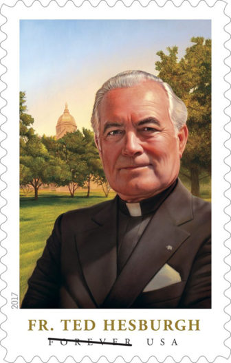 The 2017 Fr. Ted Hesburgh stamp. Photo courtesy of USPS
