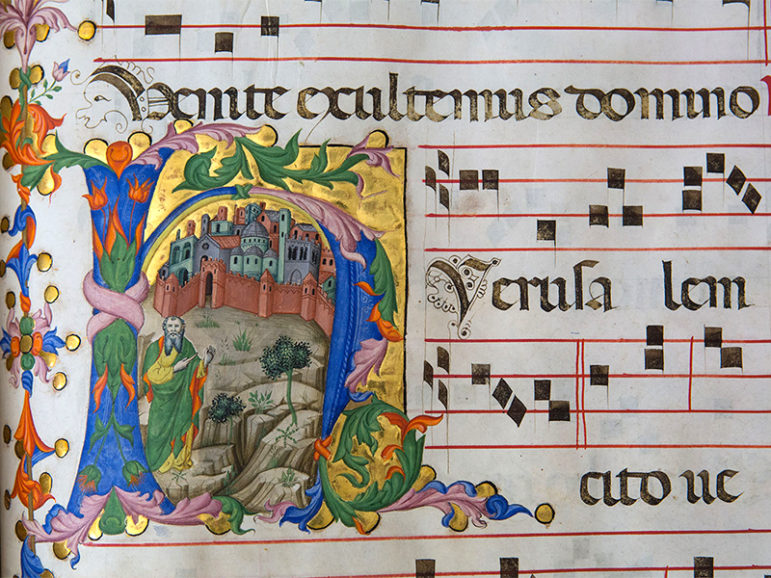 “The Prophet Isaiah at the Walls of Jerusalem” from three volumes of an antiphonary made for the Franciscan community of Bethlehem Venice, ca. 1401–4. 
 Image courtesy of Marie-Armelle Beaulieu/CTS