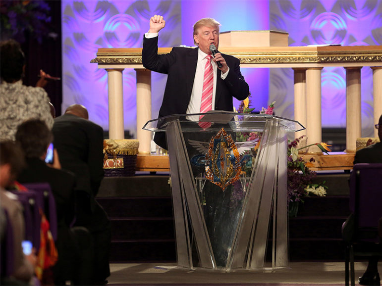 Republican presidential nominee Donald Trump attends a church service in Detroit on Sept. 3, 2016.   Photo courtesy of Reuters/Carlo Allegri