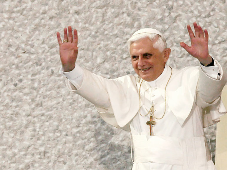Pope Benedict XVI greets the crowd during 