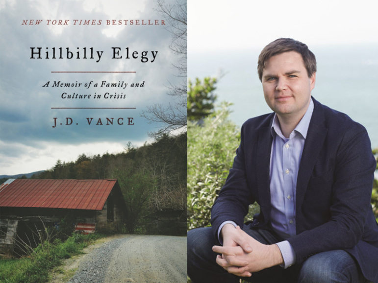 Author J.D. Vance with his bestselling book. Book courtesy of HarperCollins.  Photo courtesy of Naomi McColloch.