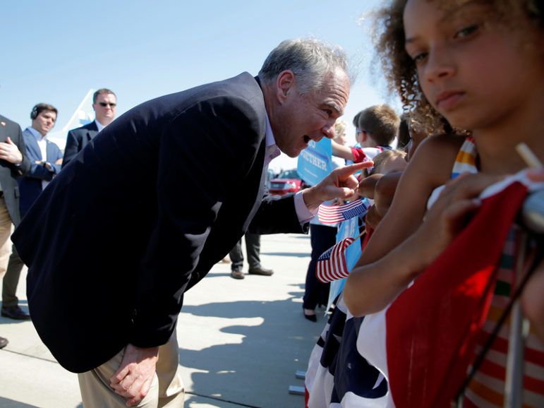 U.S. Democratic vice presidential candidate and Virginia Sen. Tim Kaine greets well-wishers at the airport in Cleveland on Sept. 5, 2016. Photo courtesy of Reuters/Brian Snyder