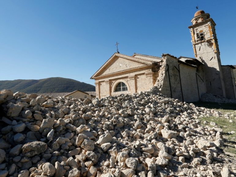 Saint Anthony Church is seen partially collapsed following an earthquake Oct, 30, 2016, along the road to Norcia, Italy. Photo by Remo Casilli/REUTERS