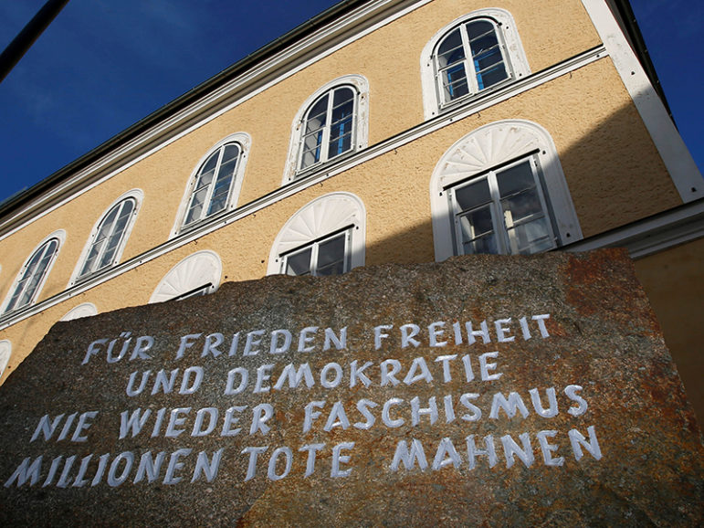 A stone outside the house in which Adolf Hitler was born, with the inscription 'For peace, freedom and democracy, never again fascism, millions of dead are a warning', is pictured in Braunau am Inn, Austria, September 24, 2012. Courtesy of  REUTERS/Dominic Ebenbichler