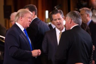 Donald Trump chats with Franklin Graham at Billy Graham's 95th birthday, 2013