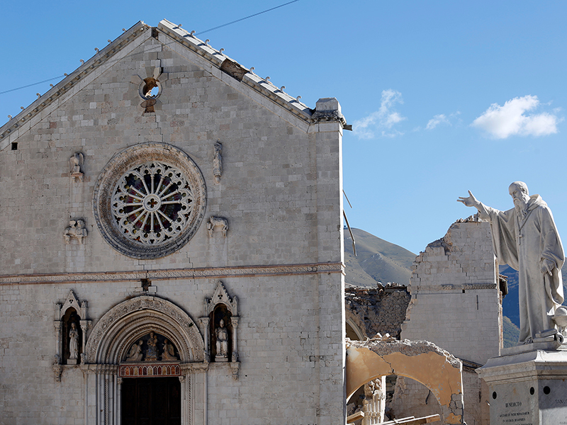 St. Benedict's Cathedral in the ancient city of Norcia is seen following an earthquake in central Italy, on October 31, 2016. Photo courtesy of Reuters/Remo Casilli *Editors: This photo may only be republished with RNS-ITALY-QUAKE, originally transmitted on Oct. 31, 2016.