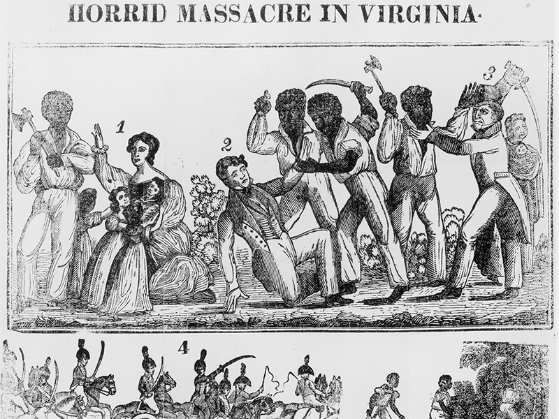 A wood engraving depicts the Horrid Massacre in Virginia during Nat Turner's Rebellion circa 1831. Black Males are seen Attacking White Males, Females and Children. Image courtesy of Creative Commons