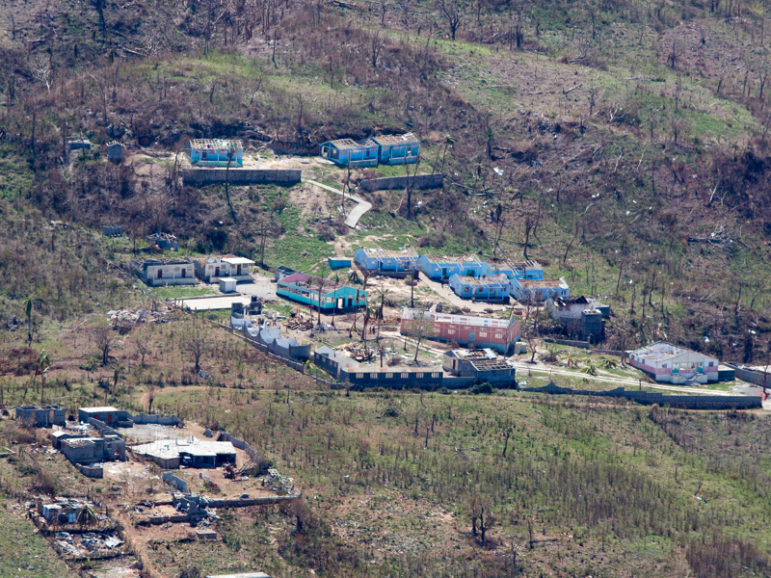Aerial view of damaged buildings near Jeremie on Oct. 12, 2016, in western Haiti. Roughly 400,000 people are believed to live in the area around Jeremie. RNS photo by Kit Doyle